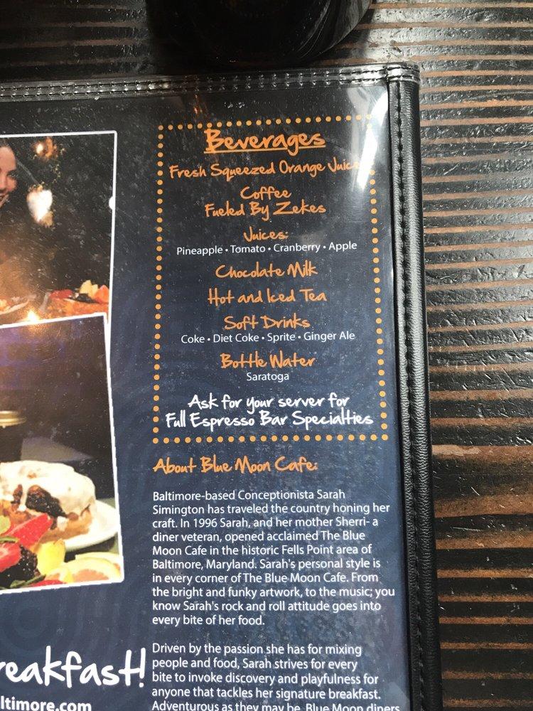 Menu at Blue Moon Too cafe, Baltimore