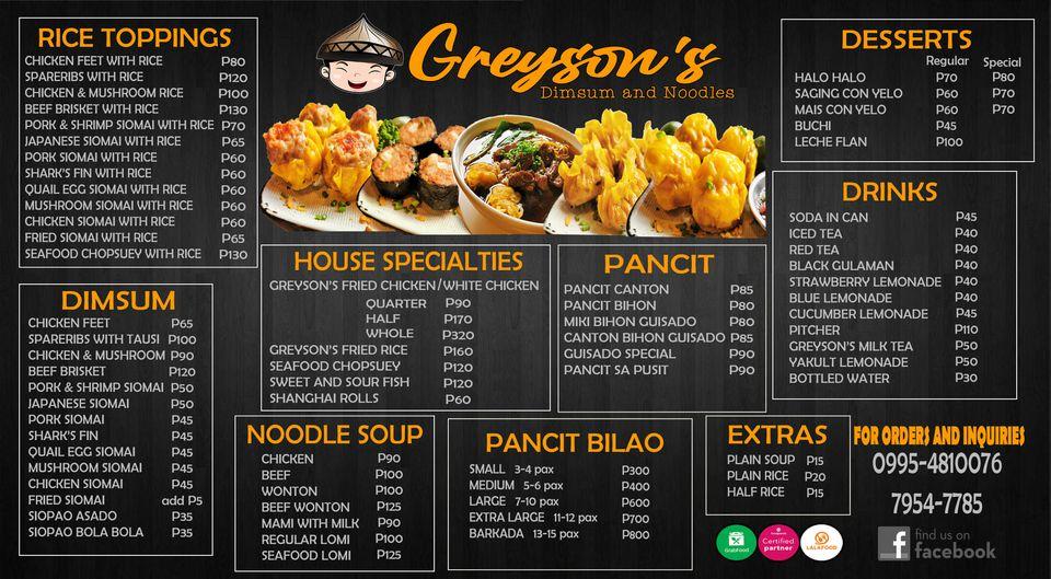 Menu at Greyson’s Dimsum and Noodles - SAN JUAN BRANCH restaurant, San Juan