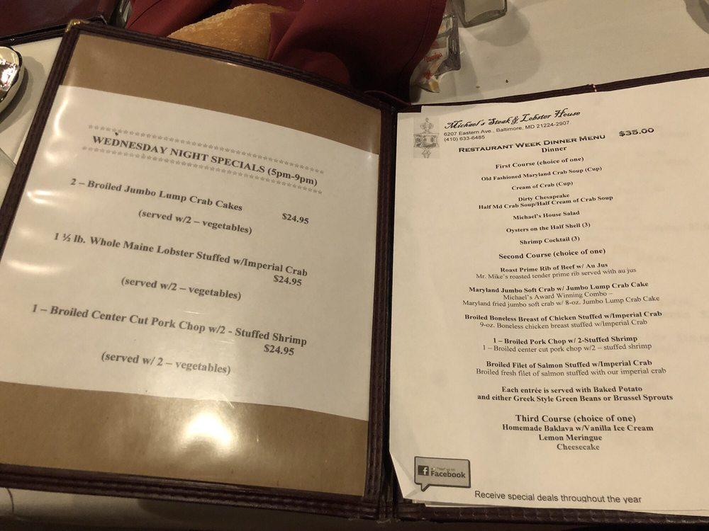 Menu at Michael's Steak & Lobster House steakhouse, Baltimore