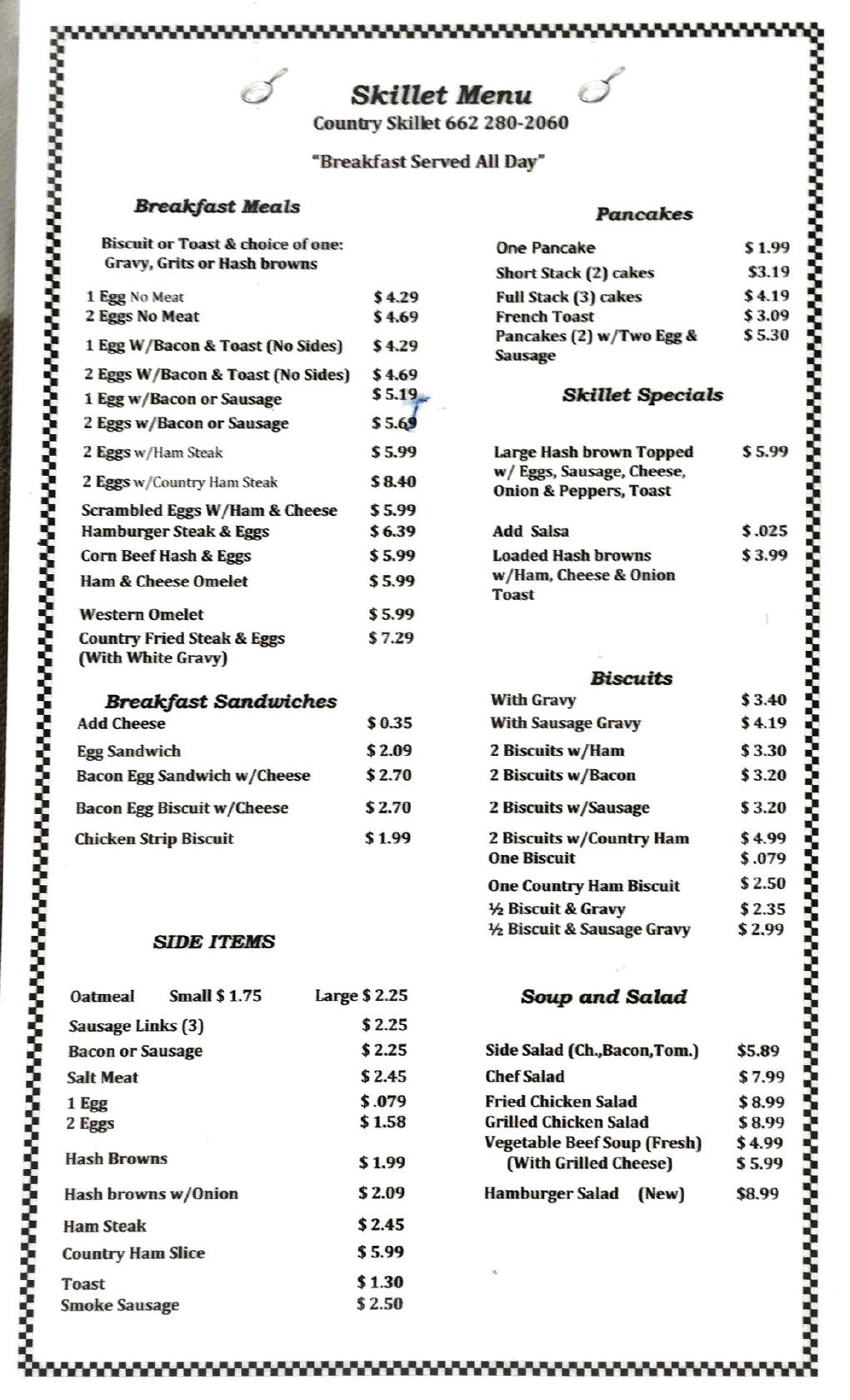Menu at The Country Skillet restaurant, Southaven