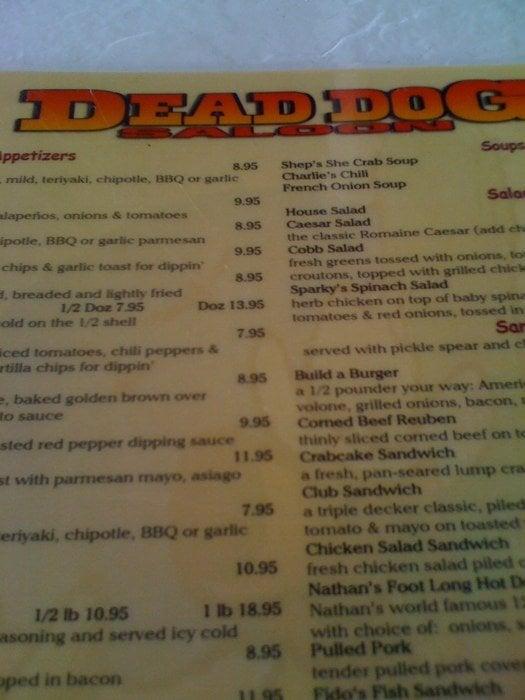 Menu at Dead Dog Saloon steakhouse, Murrells Inlet