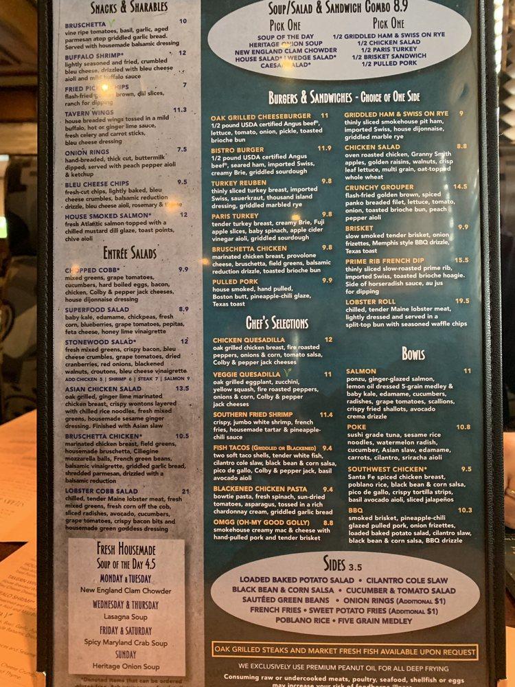 Menu at Stonewood Grill & Tavern steakhouse, Brandon