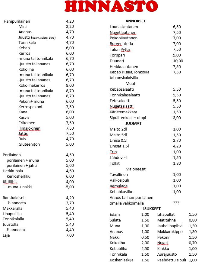 Menu at Koskenkorvan Grilli fast food, Koskenkorva
