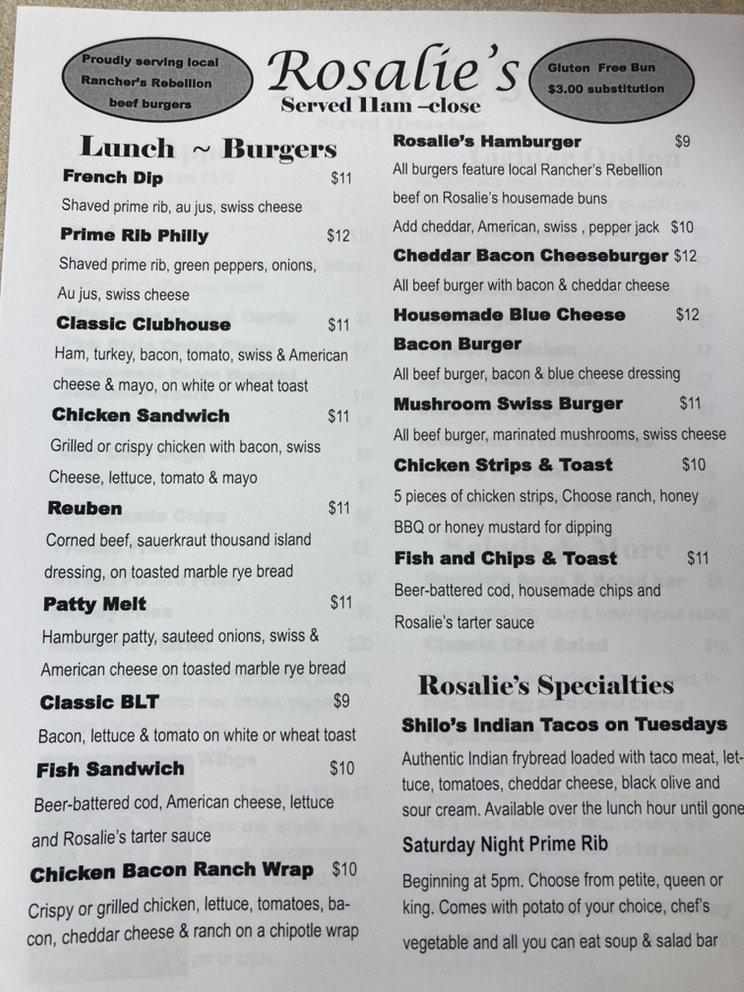 Menu at Rosalie's Restaurant, Bakery and Lounge, Sisseton