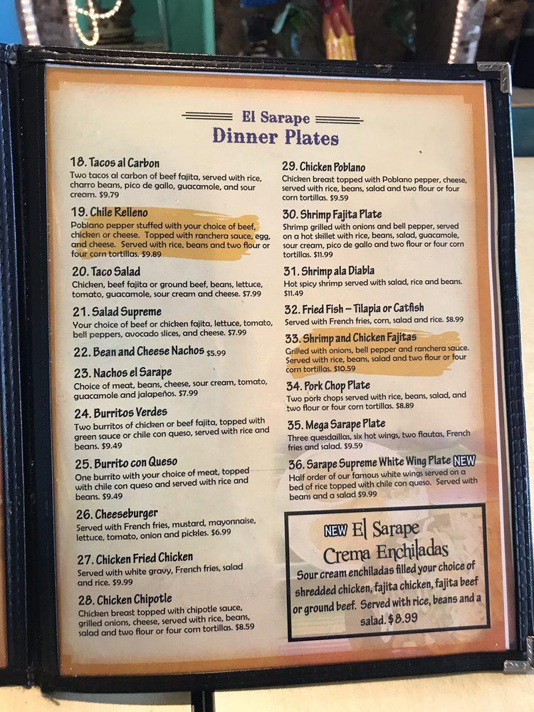 Menu at El Sarape restaurant, Little RiverAcademy