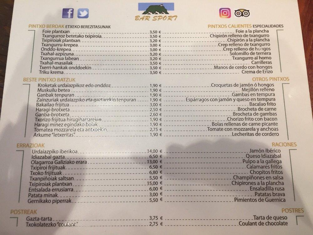 Menu at Bar Sport, San Sebastián