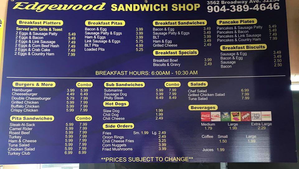 Menu at Edgewood Sandwich Shop restaurant, Jacksonville