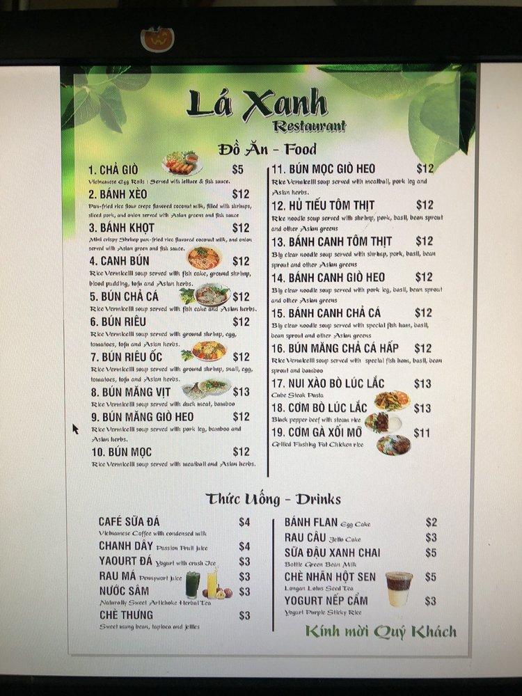 Menu at Lá Xanh Restaurant, Garland