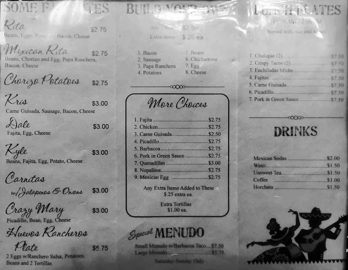 Menu at Rita's Famous Tacos restaurant, Kerrville, 209 Earl Garrett St