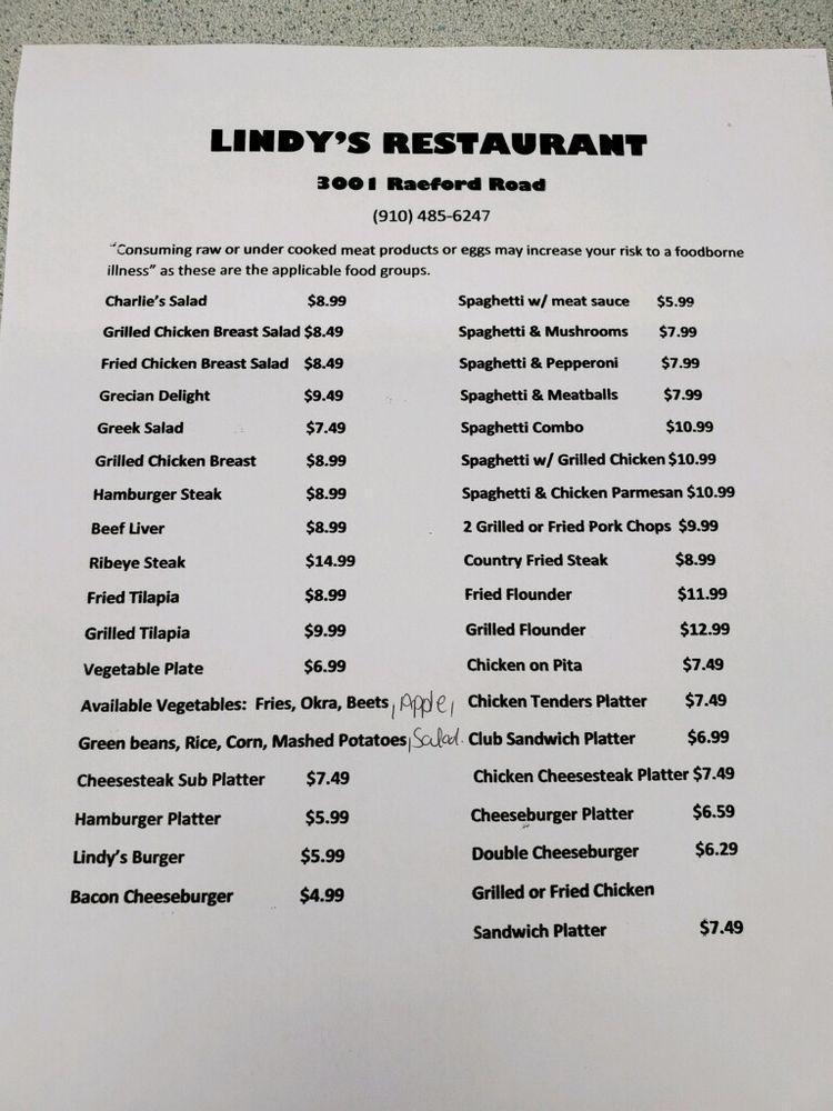 Menu at Lindy's Restaurant, Fayetteville