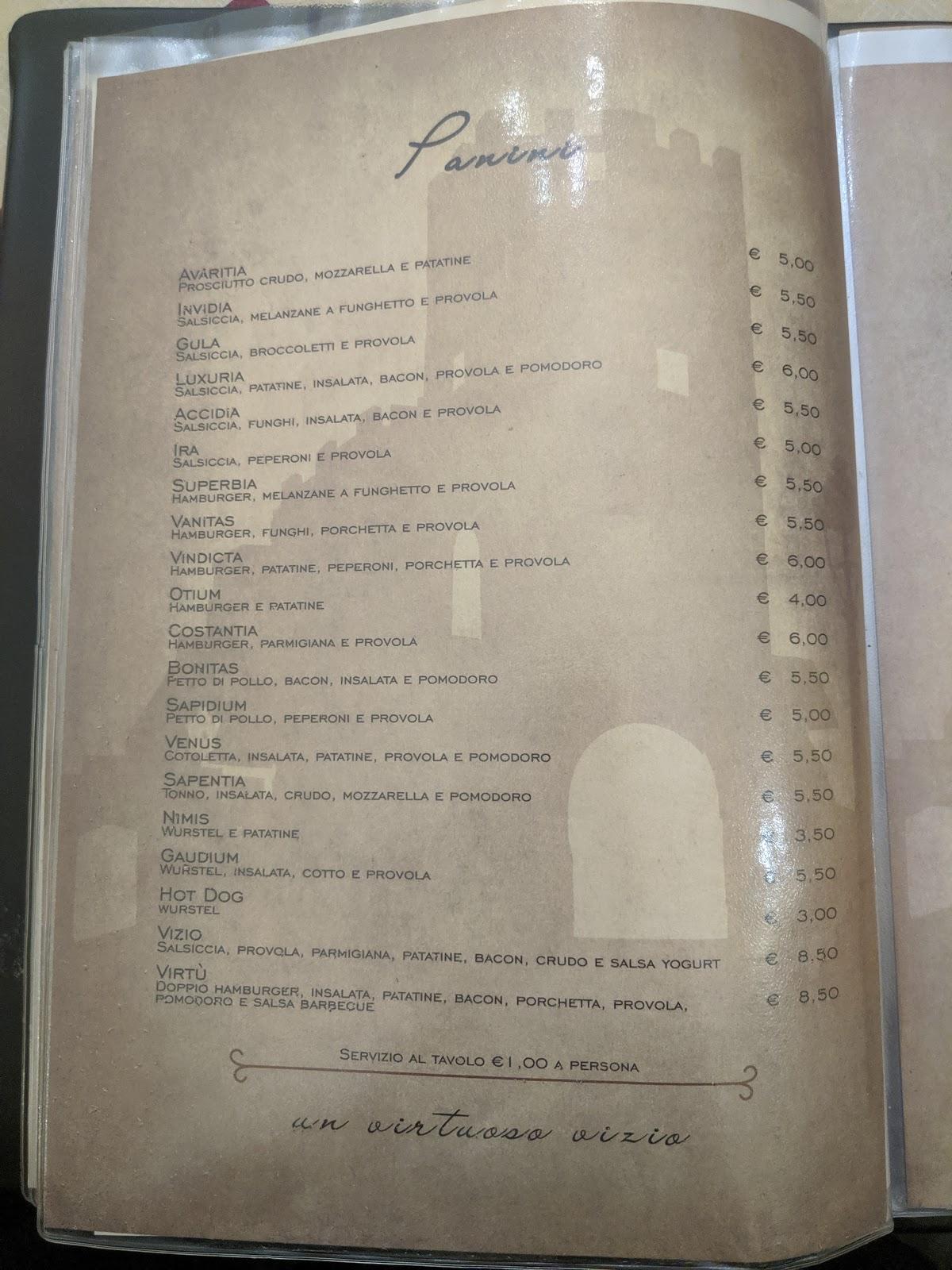 Menu da Vizi Virtù pub bar Formia