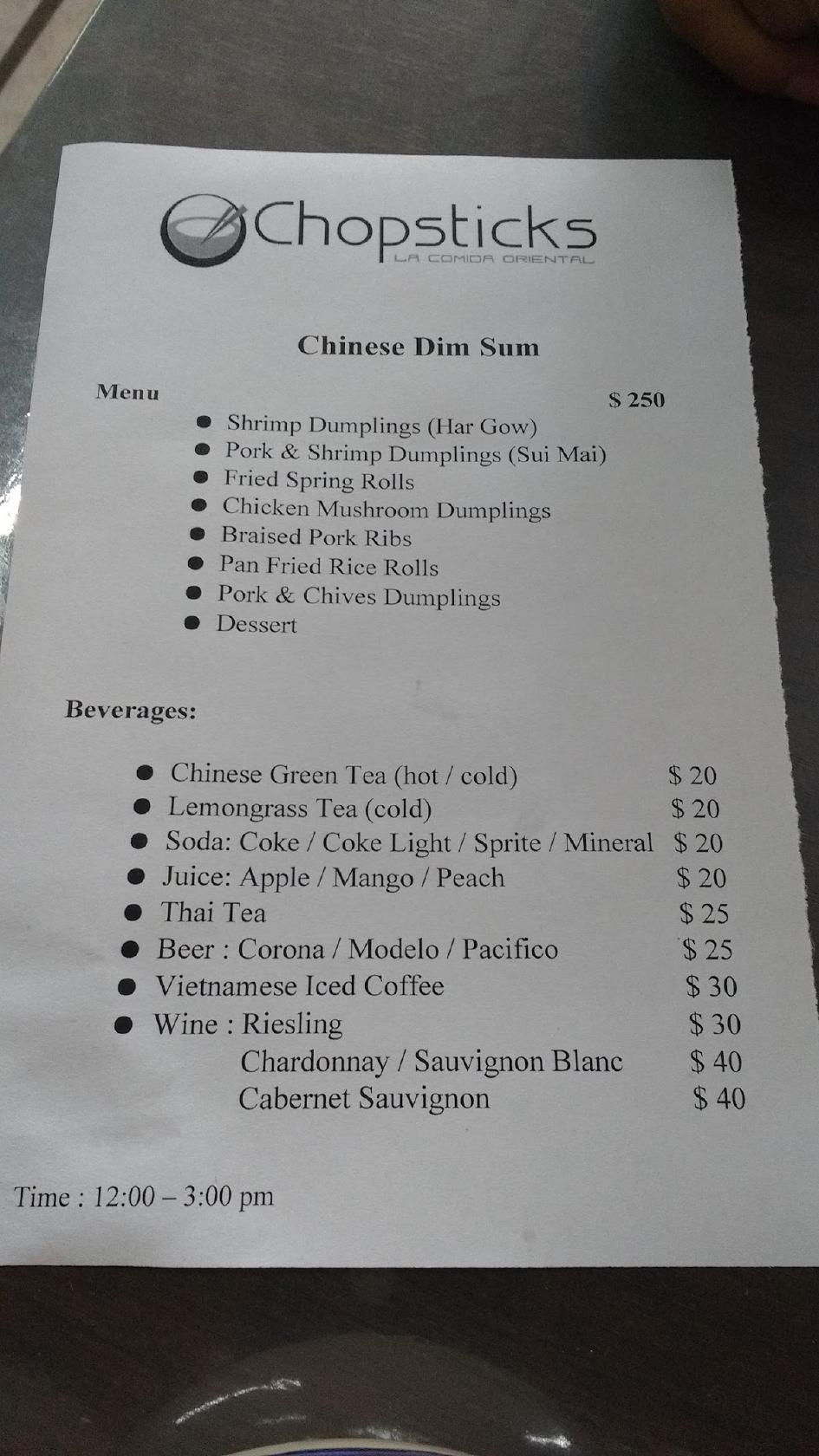 Menu at Chopsticks restaurant, Ajijic