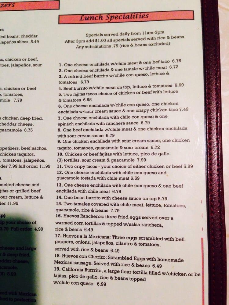 Menu at Plaza Mexico restaurant, Springfield