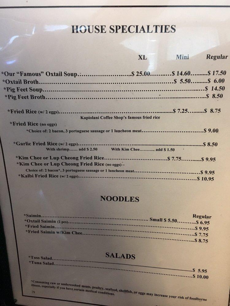 Menu at Kapiolani Coffee ShopWaimalu restaurant, Aiea, 98020