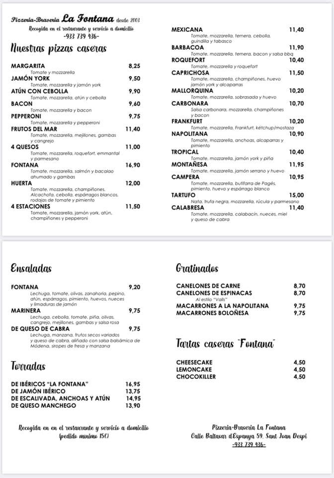 Carta de Restaurant la Fontana San Juan Despí