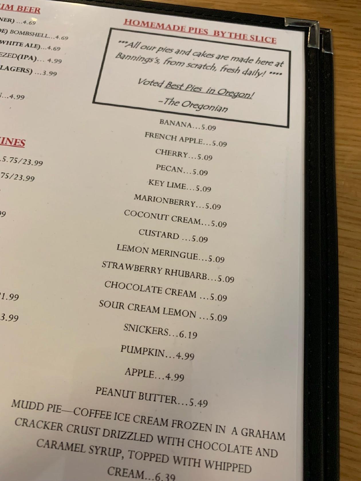 Menu at Banning's Restaurant & Pie House, Tigard