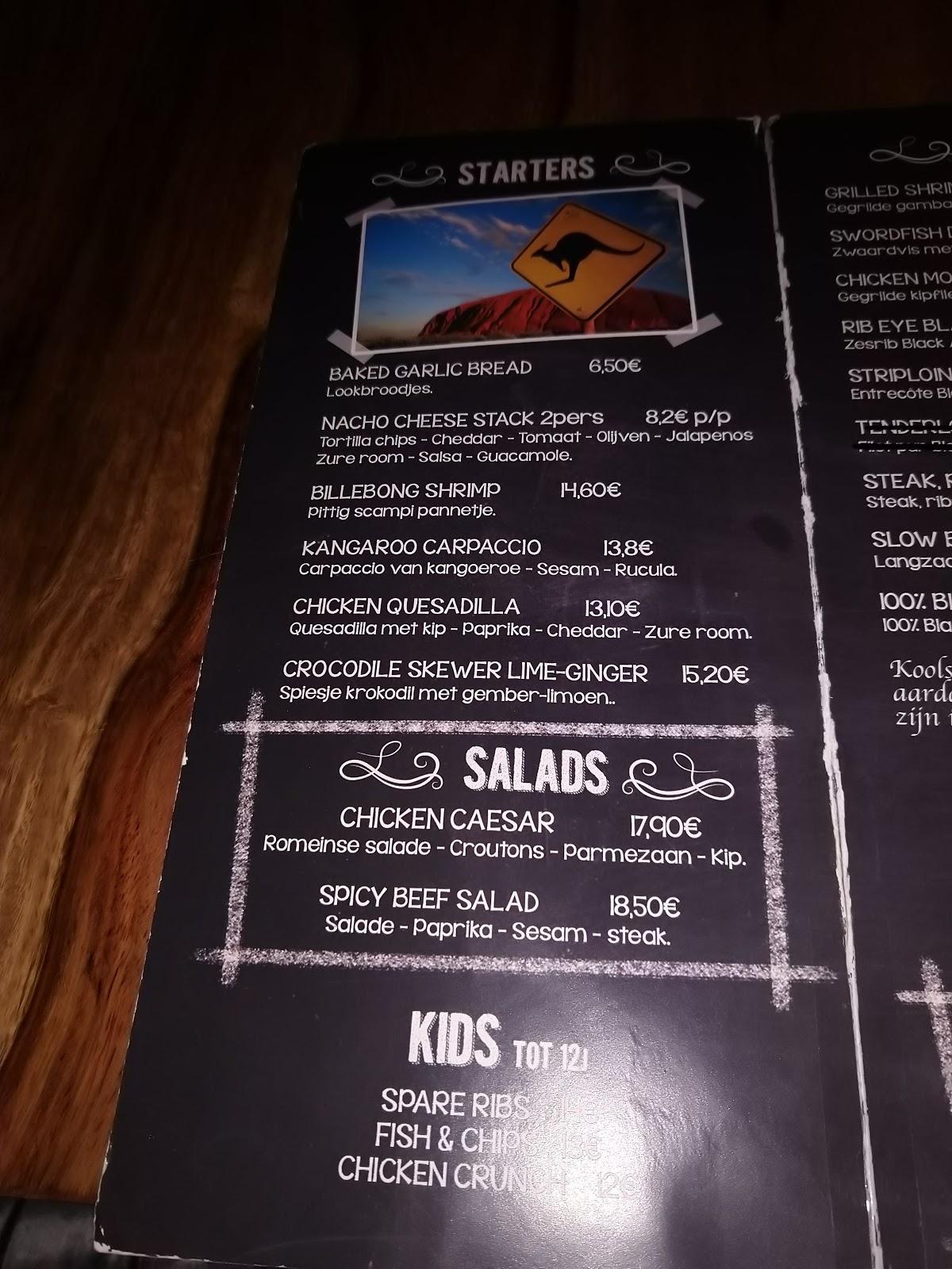 Menu at Jambalaya, Diepenbeek