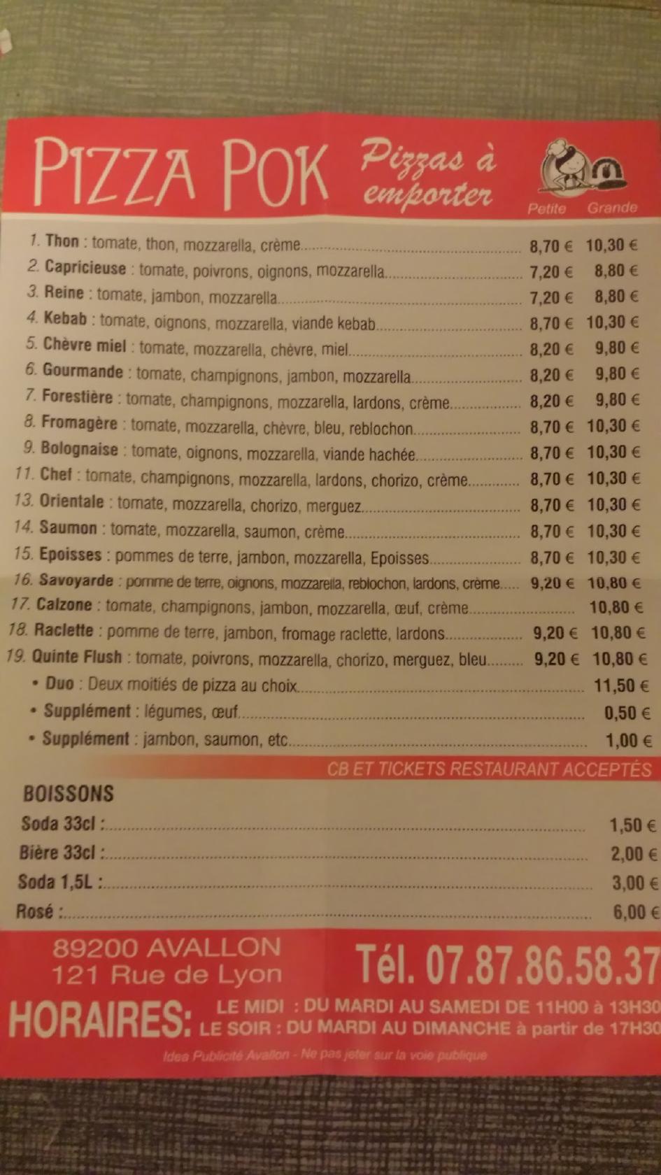 Menu at Pizza Pok pizzeria, Avallon