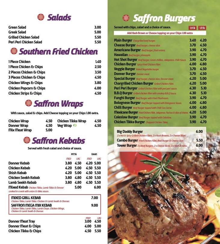 Menu at Saffron restaurant, Denby Dale