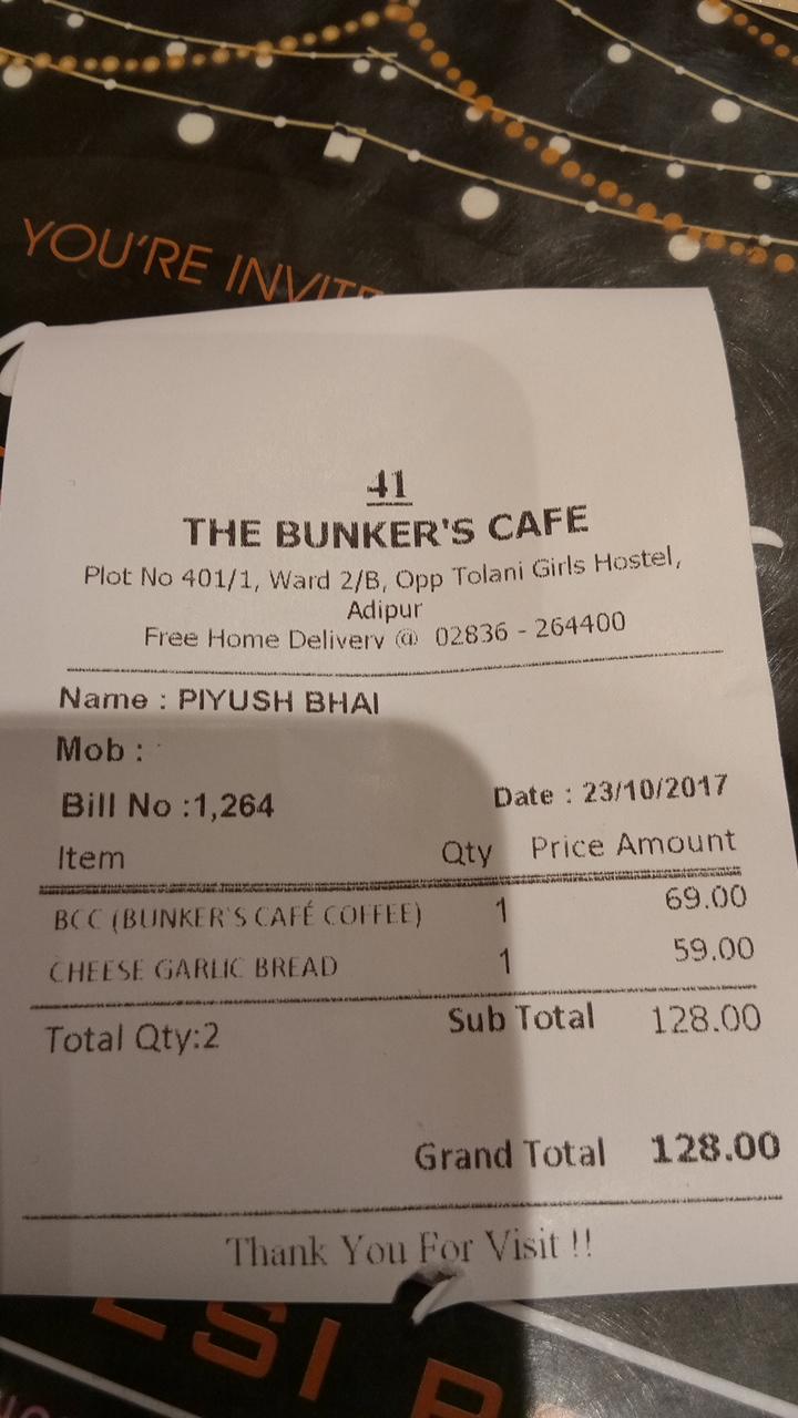 The Bunker's Café menu