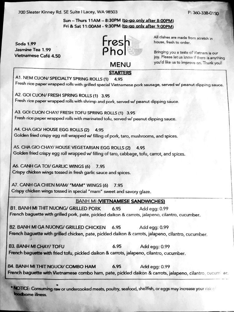 Menu at Fresh Pho restaurant, Lacey