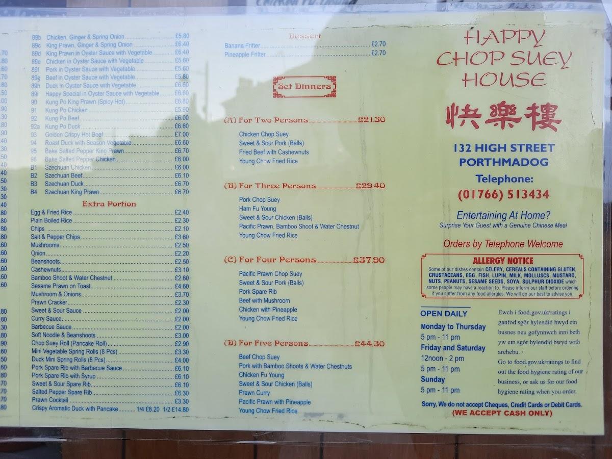 Menu at Happy Chop Suey House fast food, Porthmadog