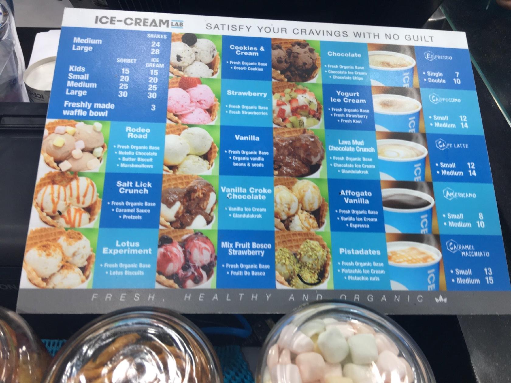 Carta del postres Ice Cream Lab, Dubai, Unit SF 130 09 Financial