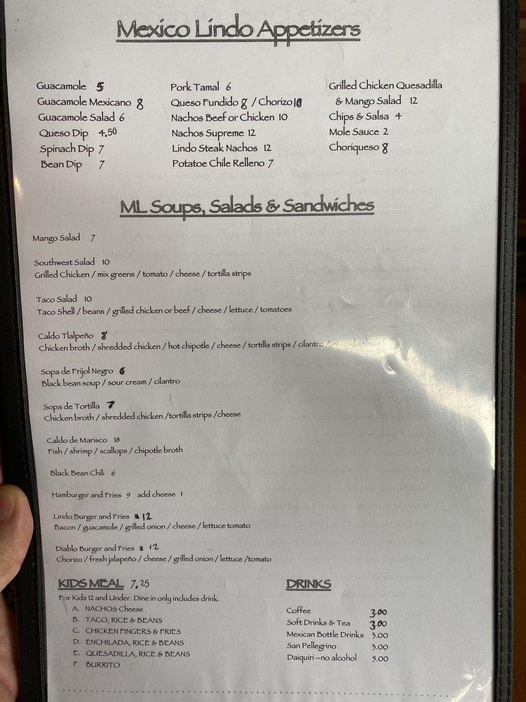 Menu at Mexico Lindo Restaurant, Birmingham, 350 Hollywood Blvd