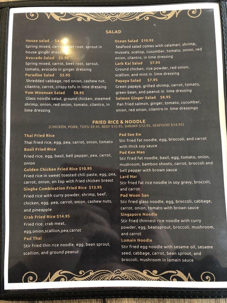 Menu at Singha Thai restaurant, Kettering