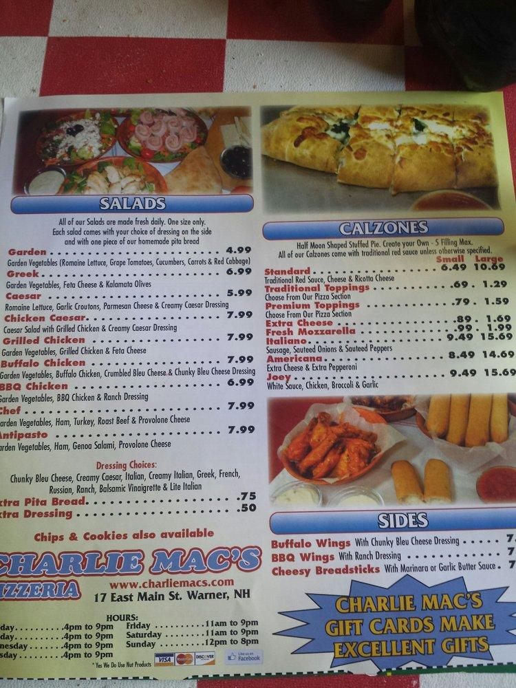 Menu at Charlie Mac's Pizzeria, Warner