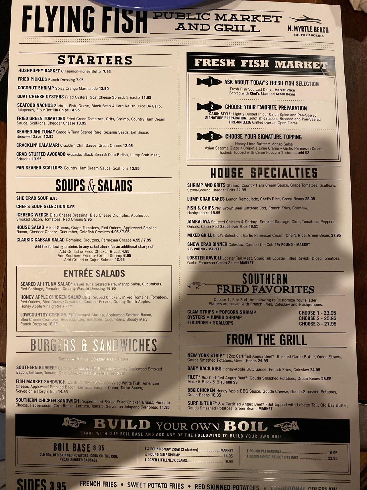Carta de Flying Fish Public Market & Grill, North Myrtle Beach