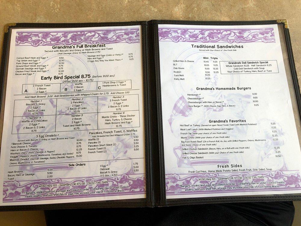 Menu at Grandma's Corner Restaurant, Gearhart