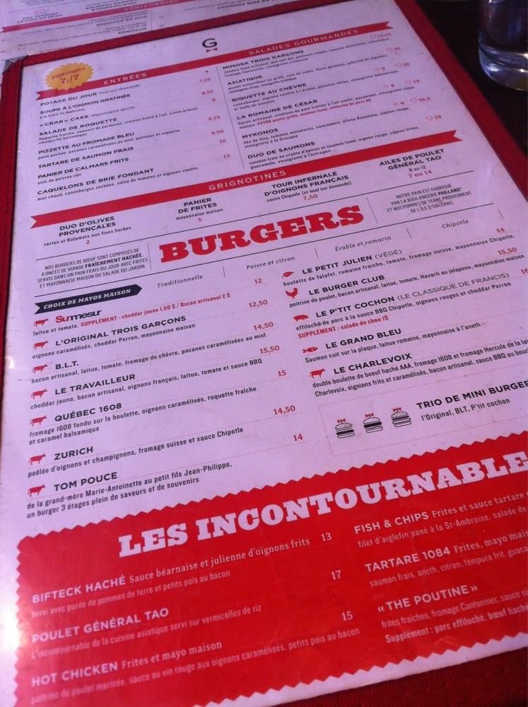 Menu au Les Trois Garcons Bistro Burger pub et bar Quebec Rue Saint Jean