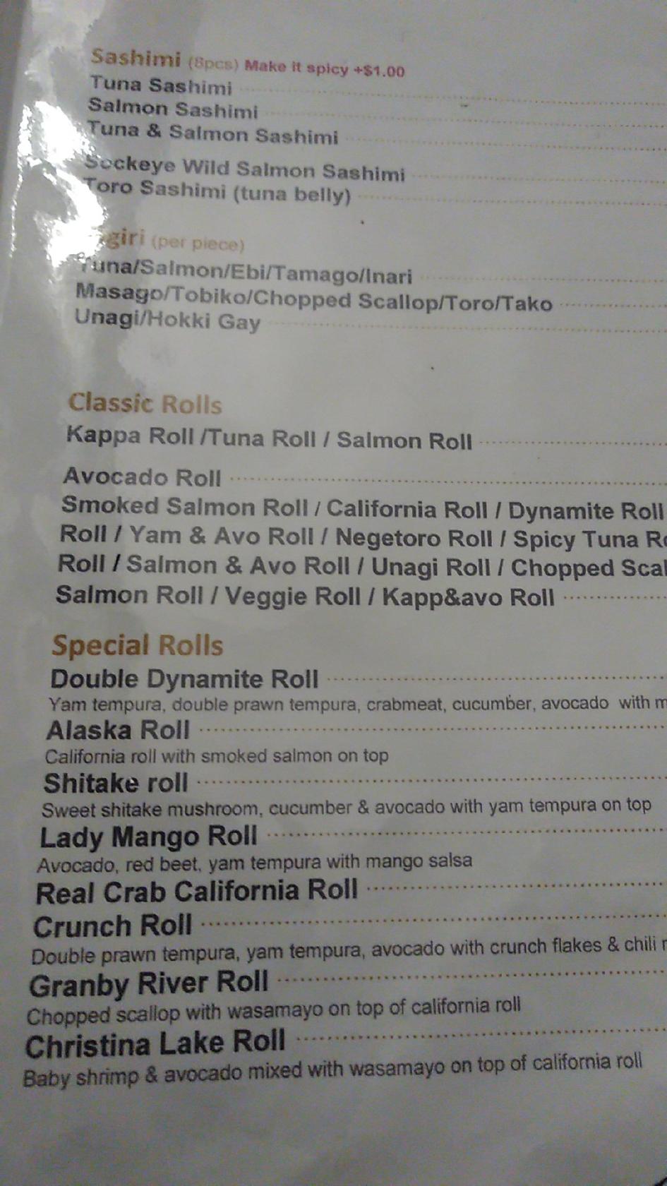 Menu at Sushi Ocean Dream restaurant, Grand Forks