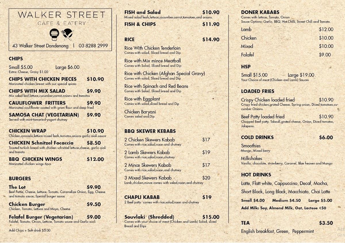 Menu at Walker street cafe, Dandenong