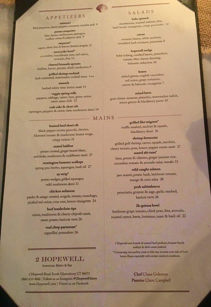 Menu at 2 Hopewell Bistro & Bar, Glastonbury