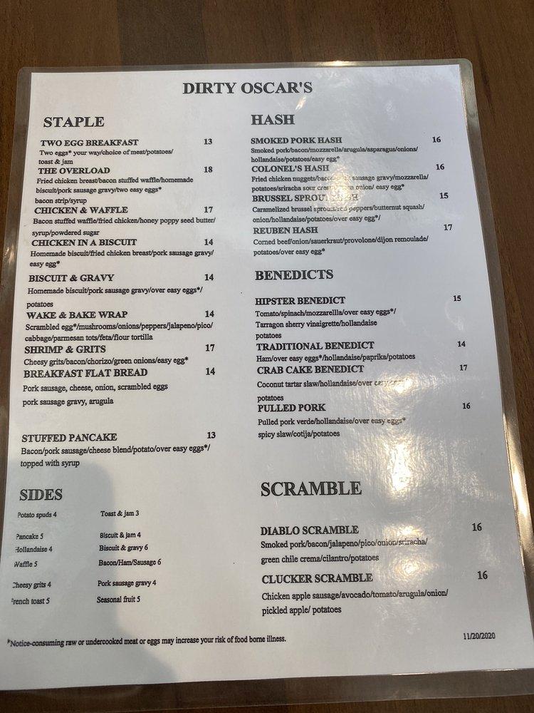 Menu at Mini Oscar's Annex restaurant, Sumner