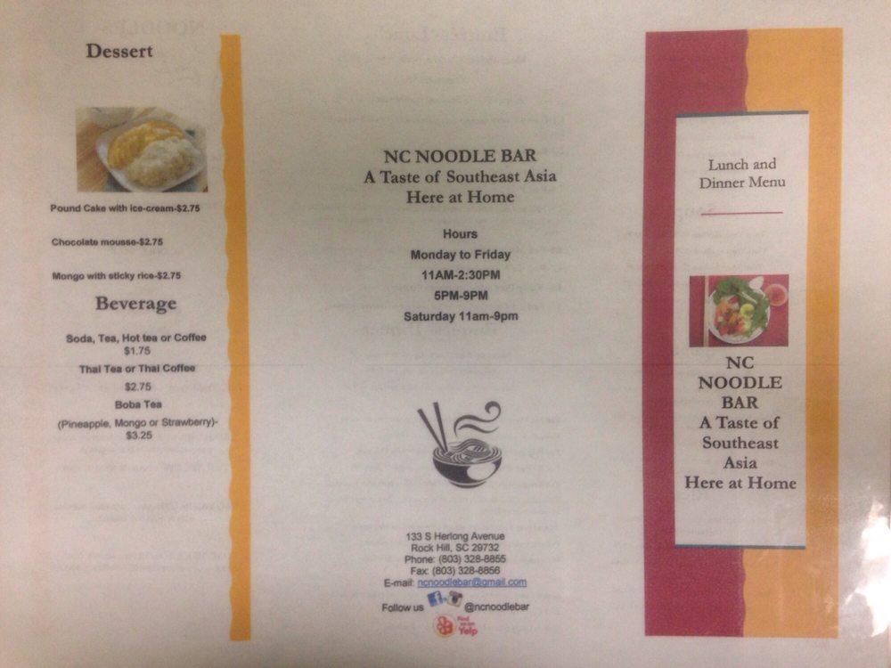 Menu at NC Noodle Bar, Rock Hill, 133 S Herlong Ave