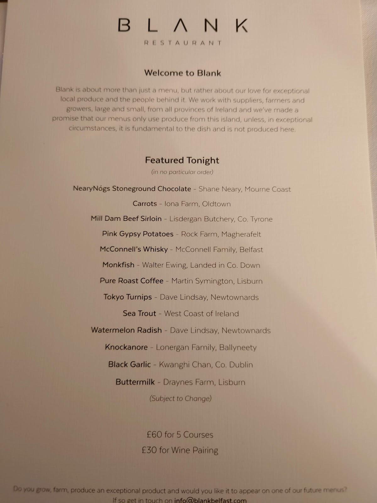 Menu at Blank Restaurant, Belfast