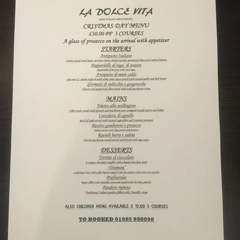 Menu at La Dolce Vita restaurant, Warminster