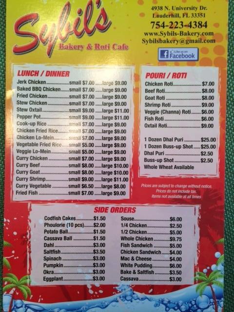 Menu at Sybil's Bakery, Lauderhill