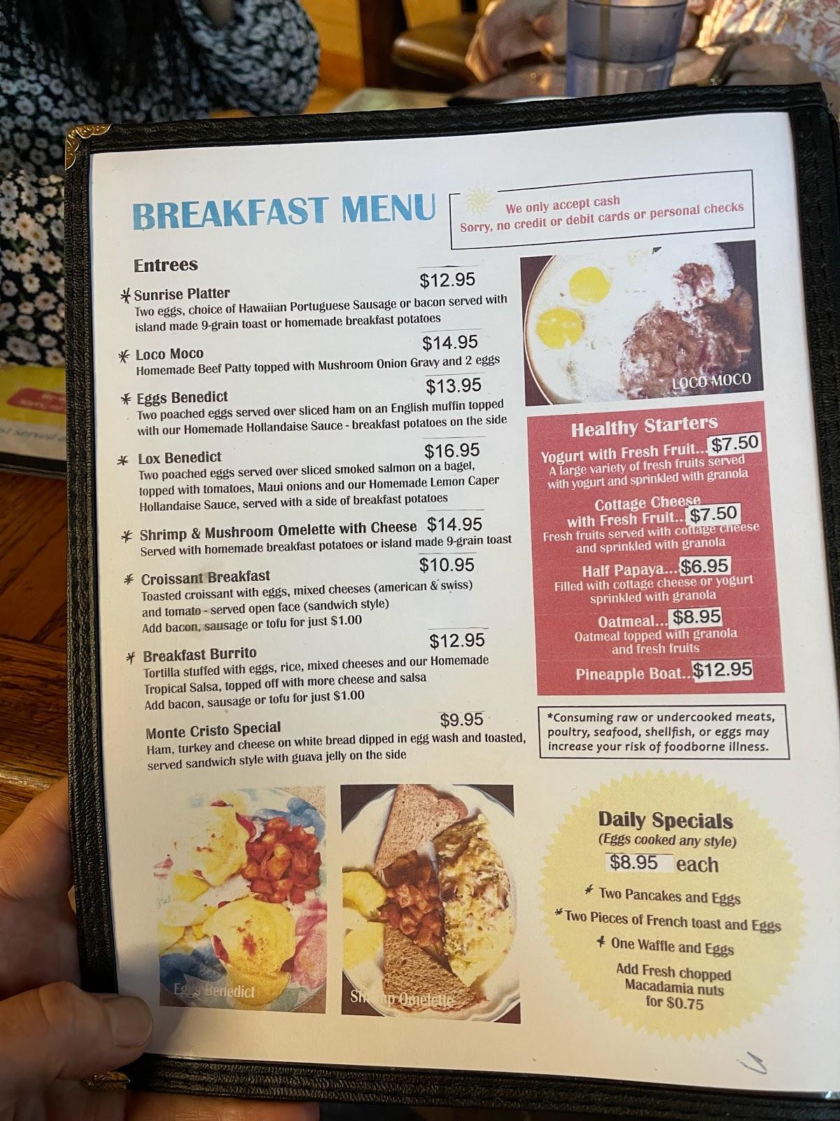 Menu at Sunrise Cafe, Lahaina
