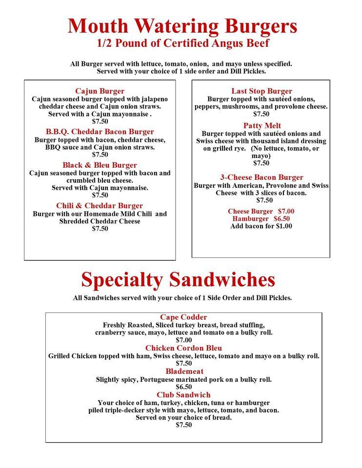 Menu at Alice's Last Stop restaurant, Dighton