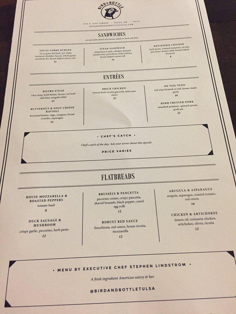 Menu at Bird & Bottle pub & bar, Tulsa