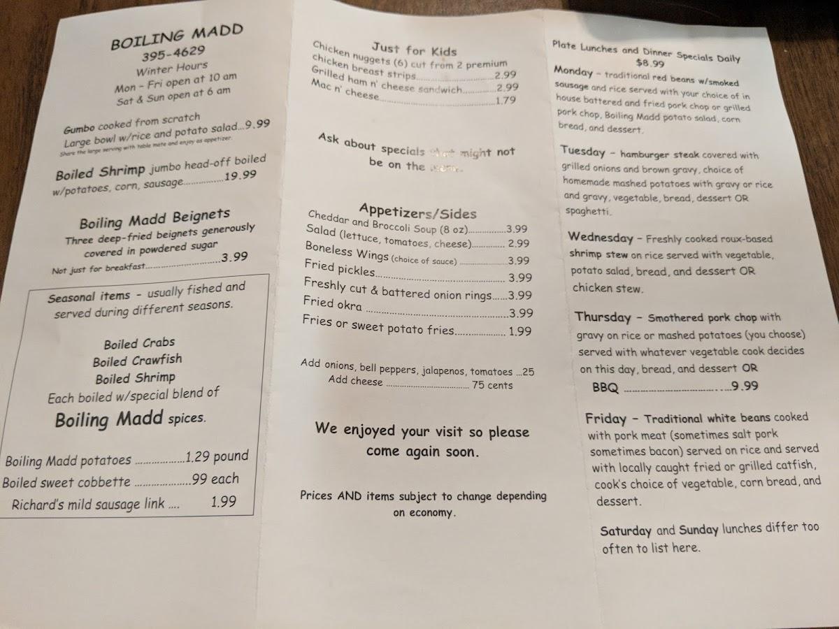 Menu at Boiling Madd restaurant, Patterson, 400 US90