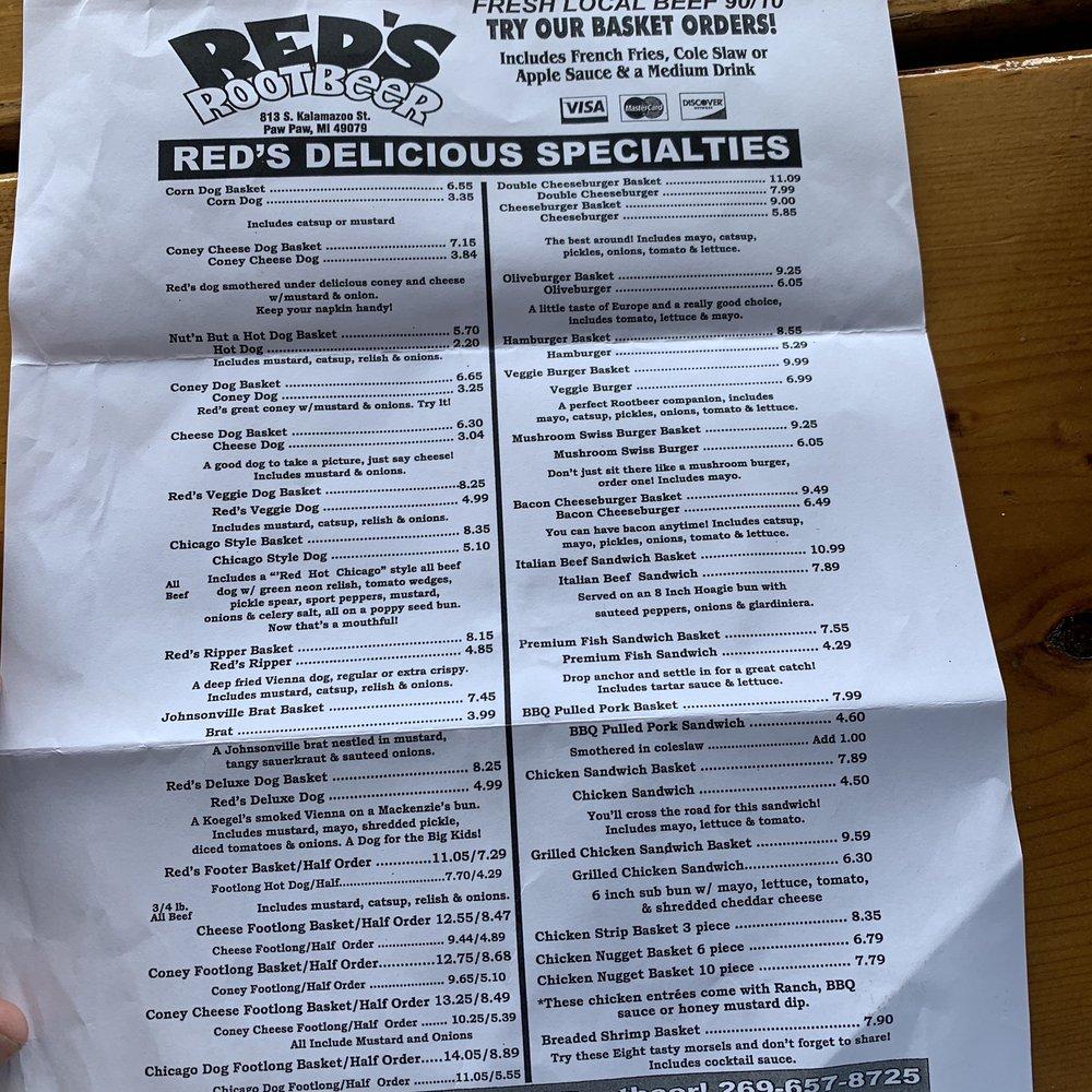 Menu at Red's Root Beer restaurant, Paw Paw, 813 S Kalamazoo St