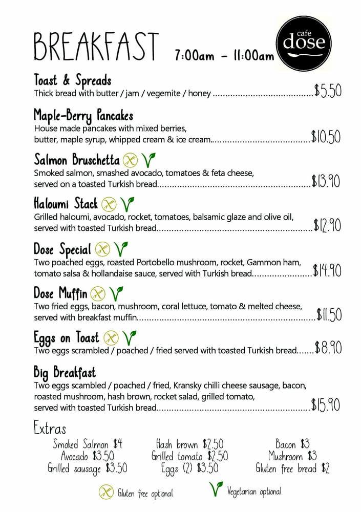Menu at Cafe Dose, Herston, 288 Herston Rd