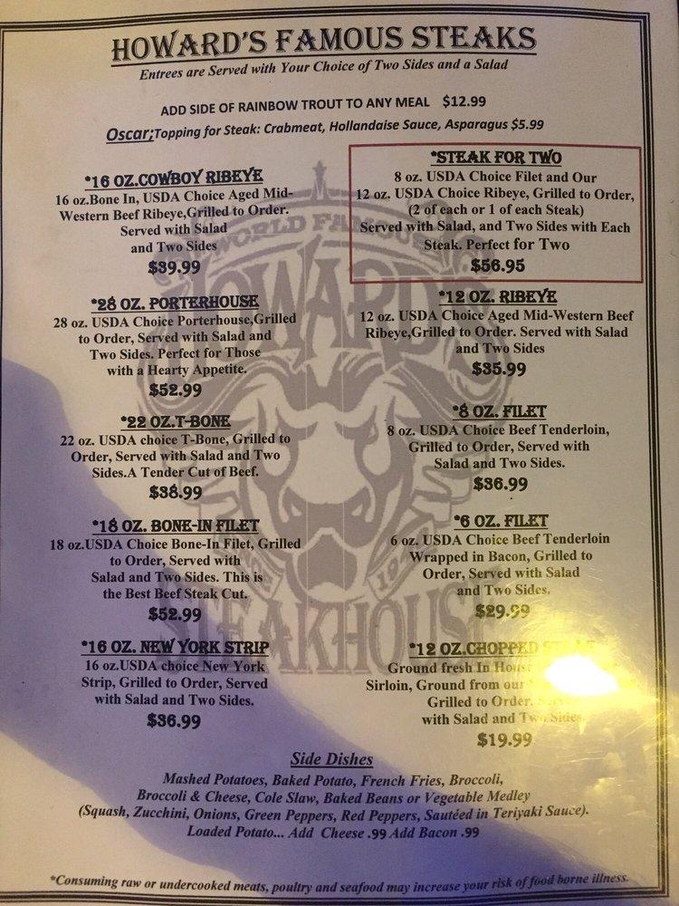 Menu at Howard's Restaurant Gatlinburg's Oldest Restaurant, Gatlinburg