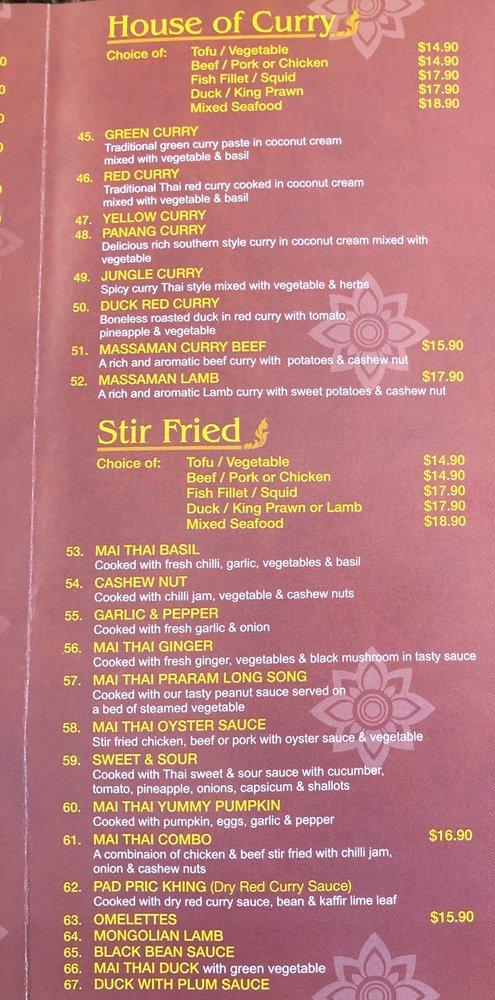 Menu at Mai Thai Restaurant NSW, Swansea
