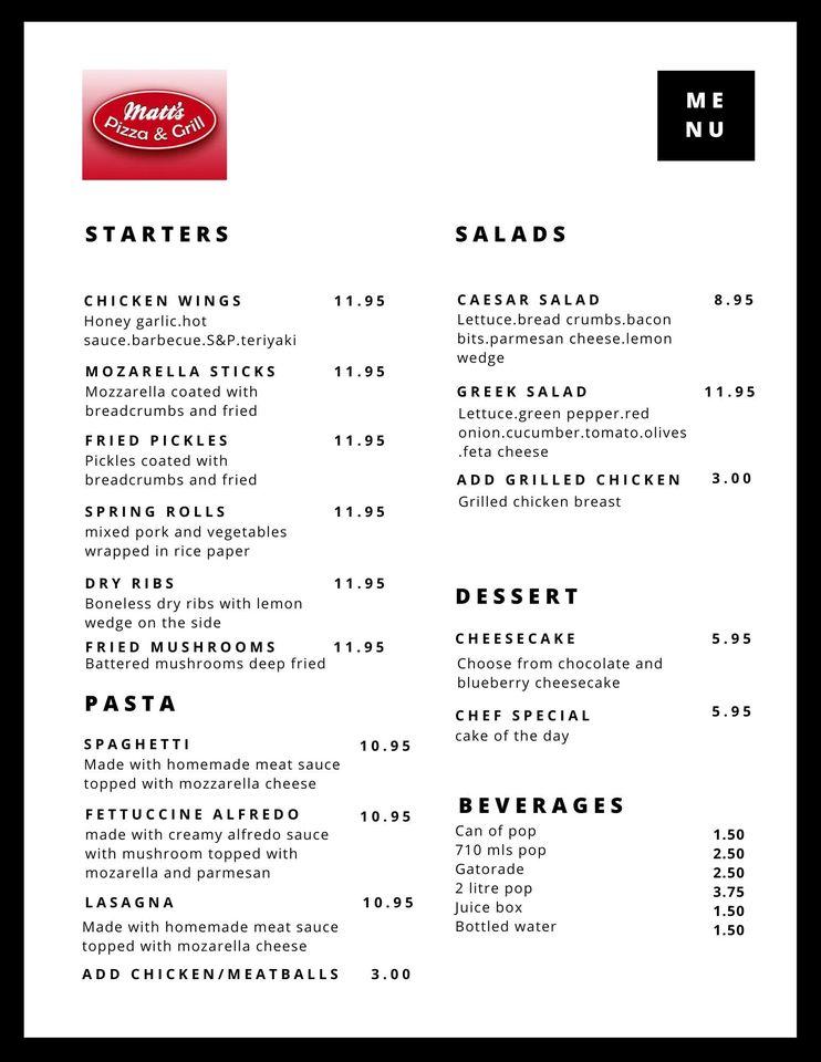 Menu at Matt's Pizza restaurant, Peace River